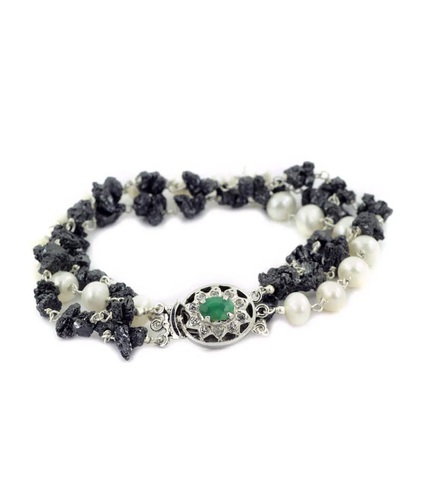 30 Cts Rough Black Diamond Beads with Pearls 3 Row Bracelet with Emerald Clasp. Great Style & Designer Look