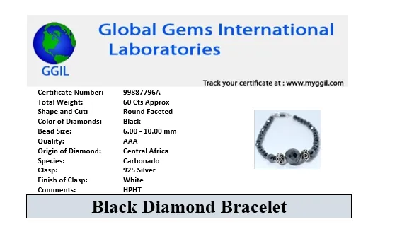 AAA Certified 6 mm Black Diamond Beaded Bracelet with Designer Silver Beads! Beautiful Look & Great Gift