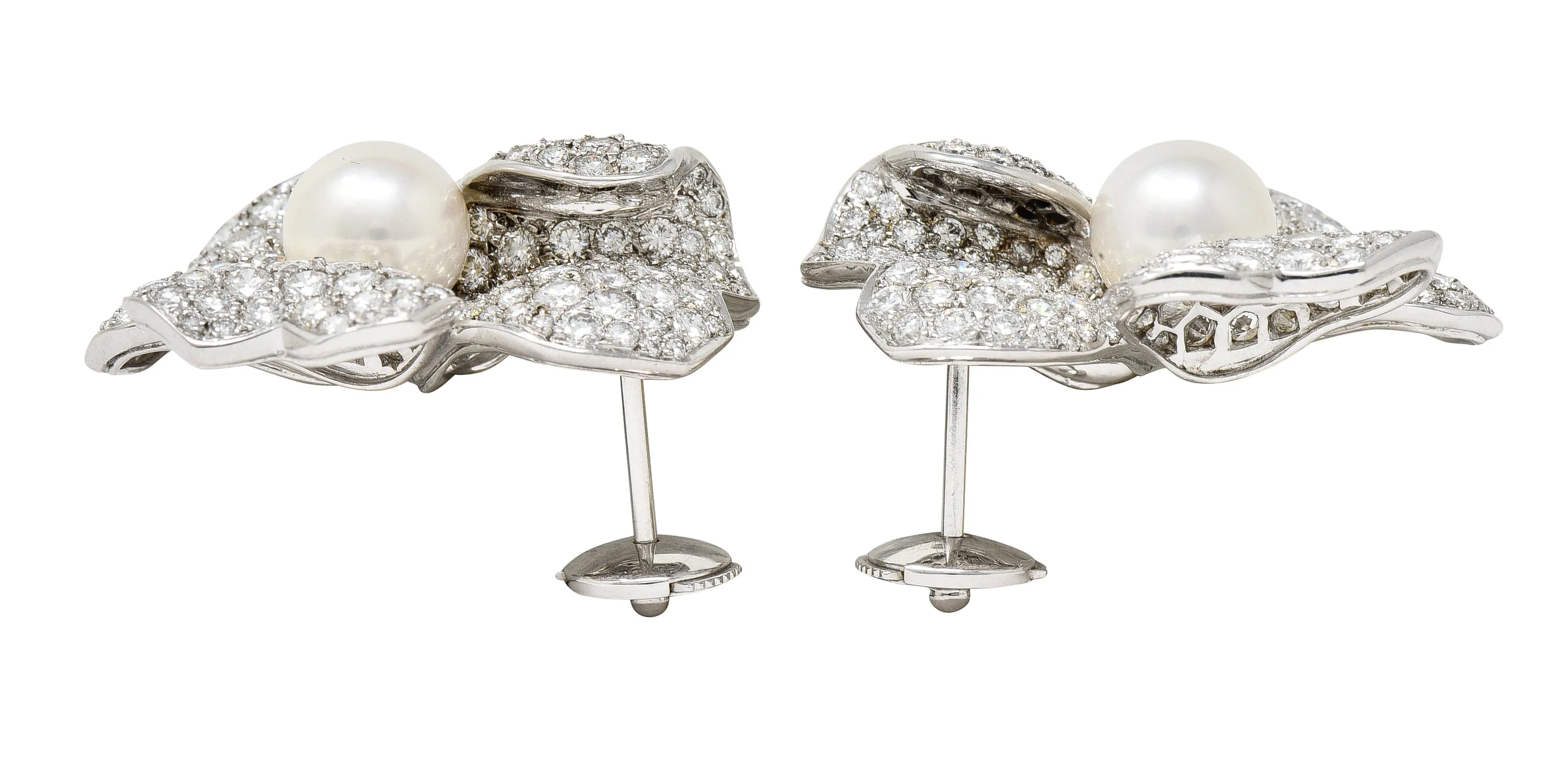 Cartier Vintage 9.28 CTW Diamond South Sea Pearl 18 Karat White Gold Flower Earrings