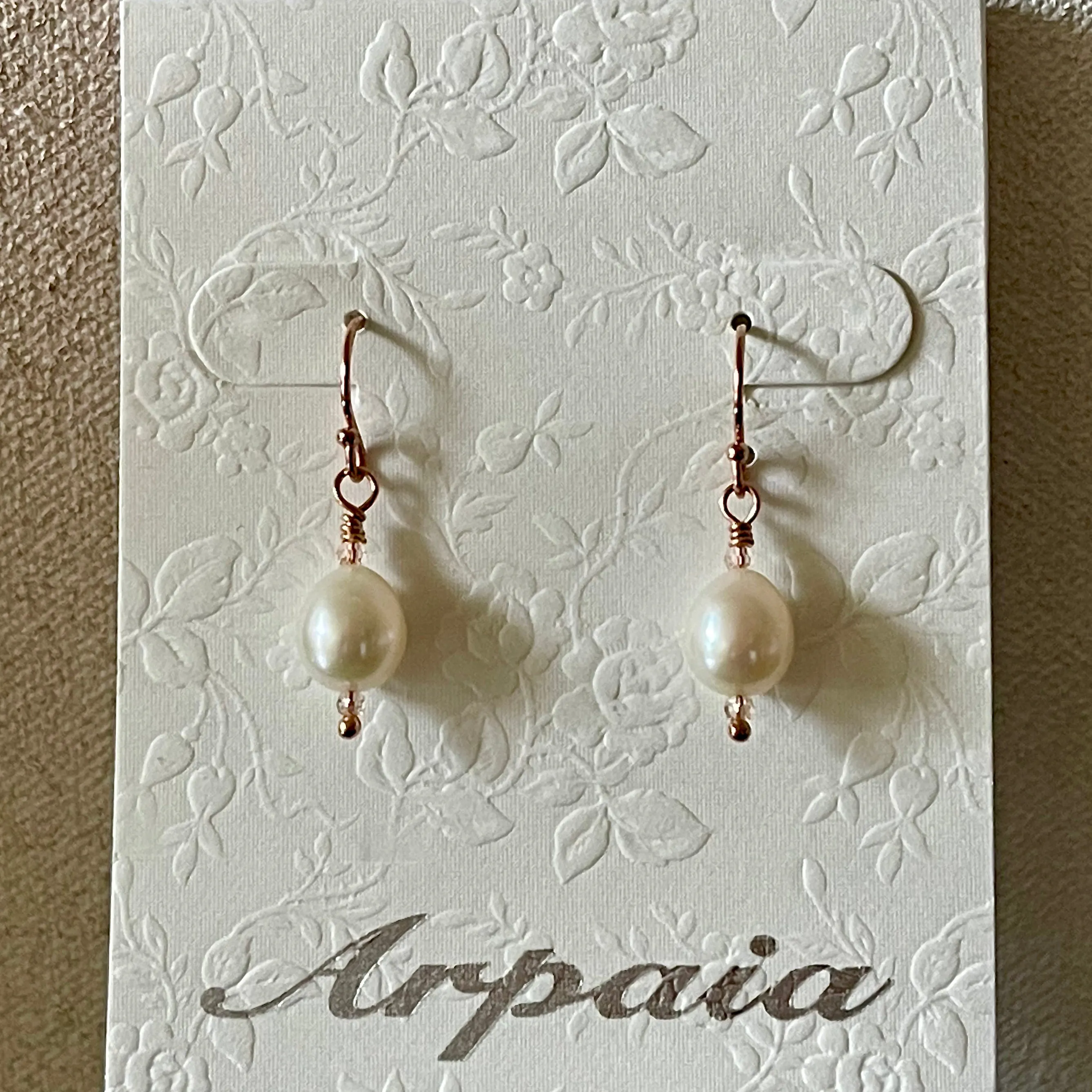 Dreamy Soft White Drop Pearl Earrings with Crystal Accents in Gleaming 14K Rose Gold Filled