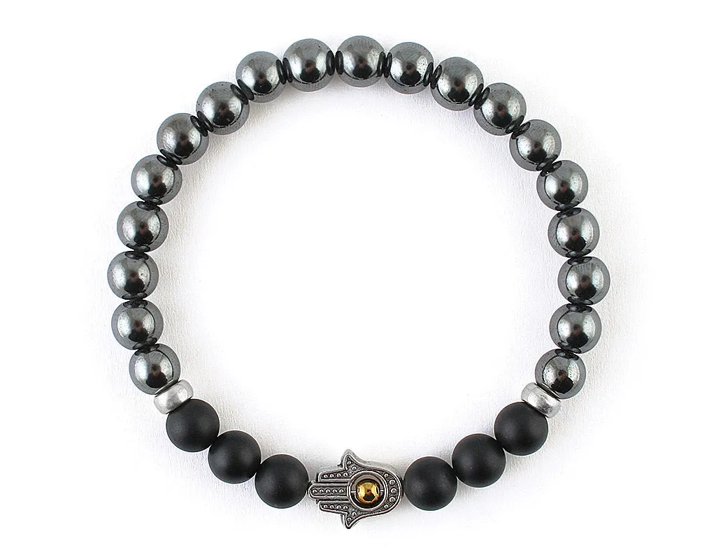 Hamsa hematite stone therapy mens bracelet