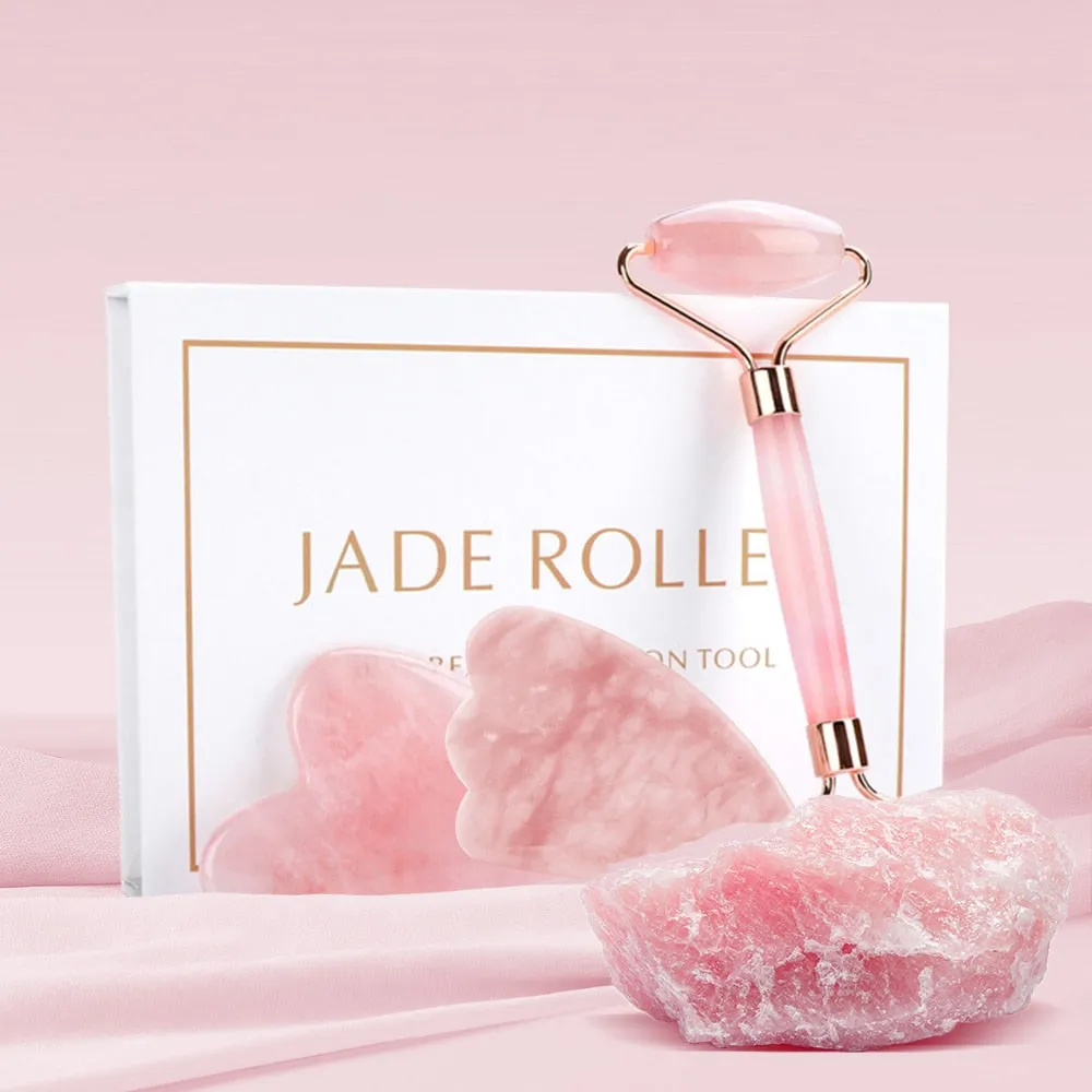 Natural Rose Quartz Facial Massager Face Roller Gua Sha Scraper