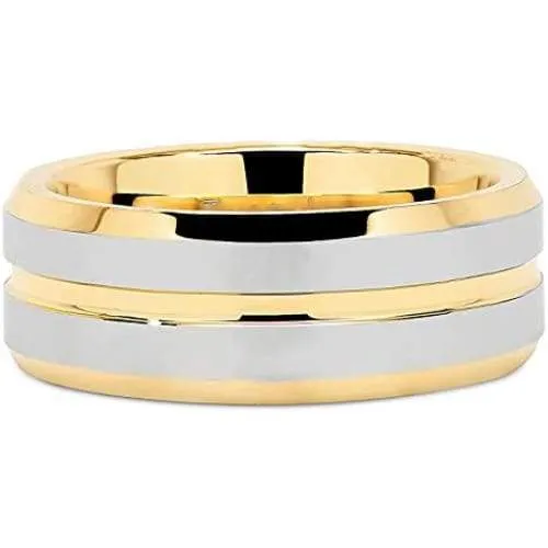Trenton Yellow Gold Inlaid Grooved Center Gunmetal Tungsten Carbide Ring - 8mm